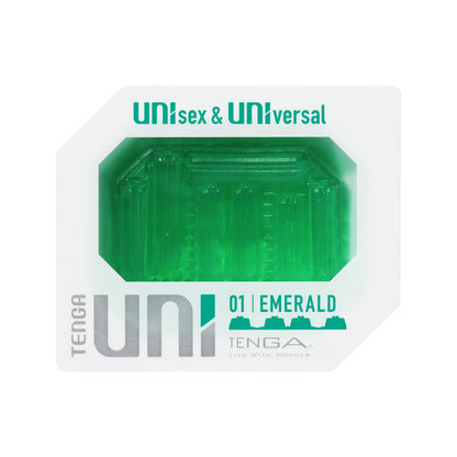 Emerald green tenga uni sleeve masturbator, offering a flexible and textured experience for solo pleasure.