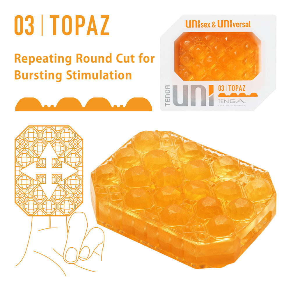 Tenga UNI Topaz textured masturbator sleeve in a translucent blue colour, ready for adult fun.
