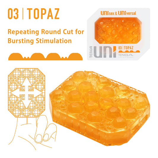 Tenga UNI Topaz textured masturbator sleeve in a translucent blue colour, ready for adult fun.