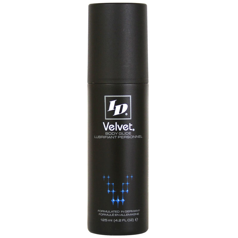 Id velvet lubricant, a silky smooth personal lubricant in a dark bottle.