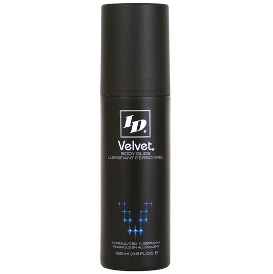 Id velvet lubricant, a silky smooth personal lubricant in a dark bottle.