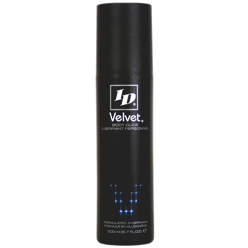 Bottle of id velvet lubricant, a silky smooth personal lubricant in a purple bottle.