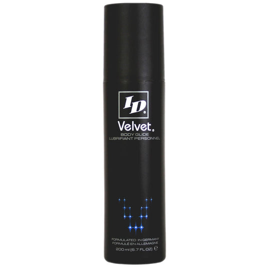 Bottle of id velvet lubricant, a silky smooth personal lubricant in a purple bottle.