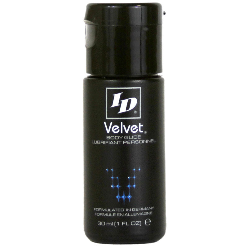 A one-ounce bottle of id velvet personal lubricant in a dark colour.