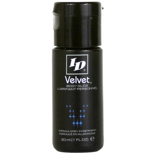A one-ounce bottle of id velvet personal lubricant in a dark colour.