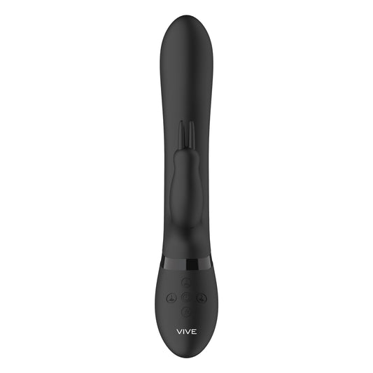 Black rabbit vibrator with textured beads for enhanced stimulation, a cheeky bedroom toy.