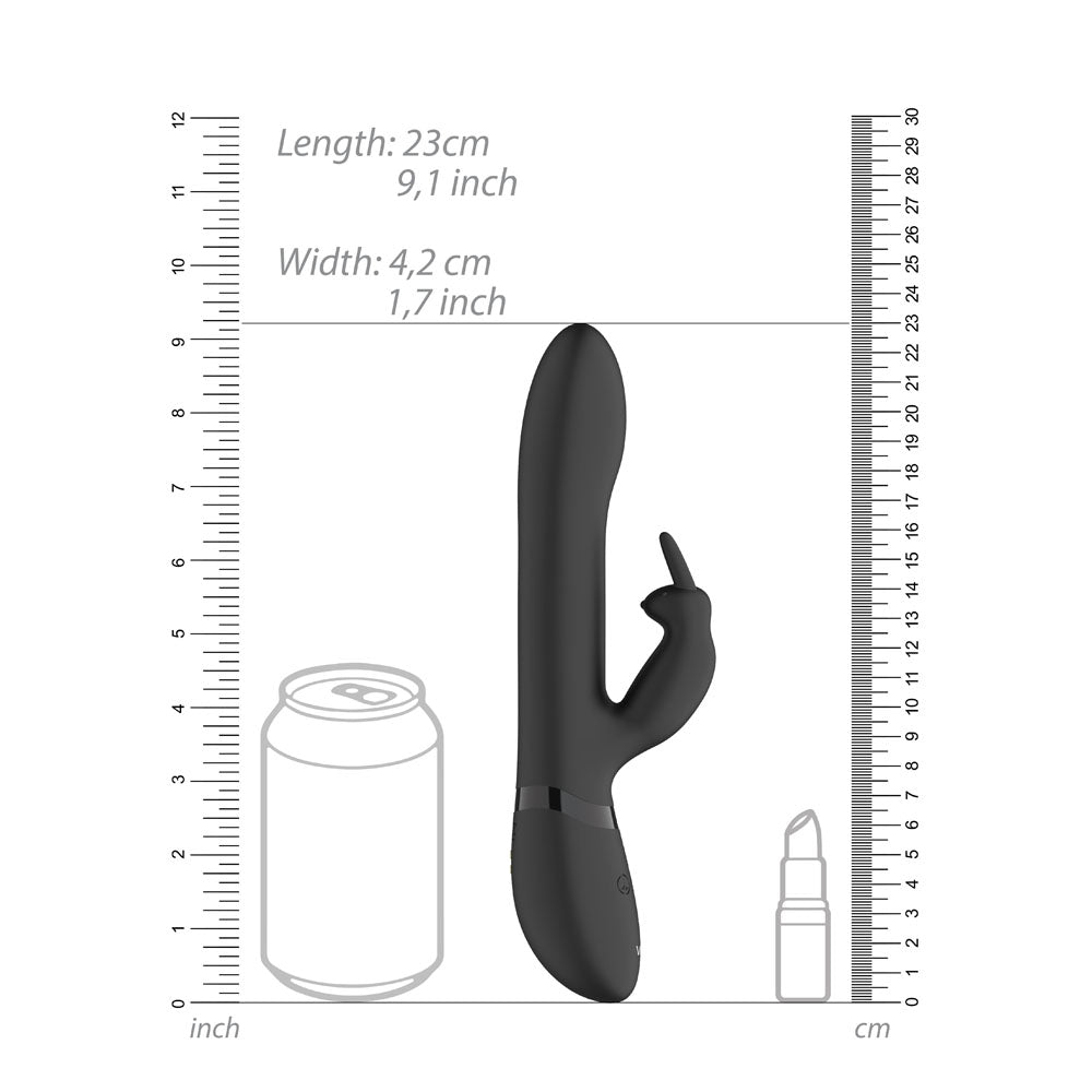 Black rabbit vibrator with textured beads for enhanced pleasure, a cheeky bedroom toy.
