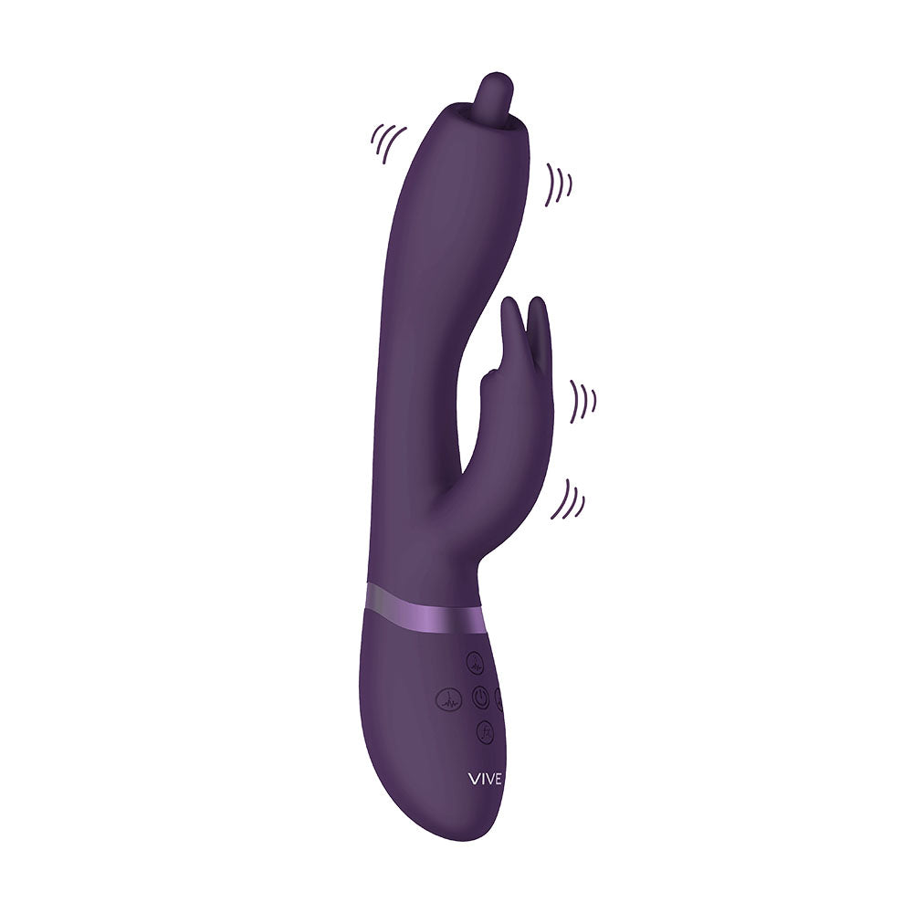 Purple rabbit vibrator with pinpoint stimulator, rotating g-spot feature, and soft-touch finish.