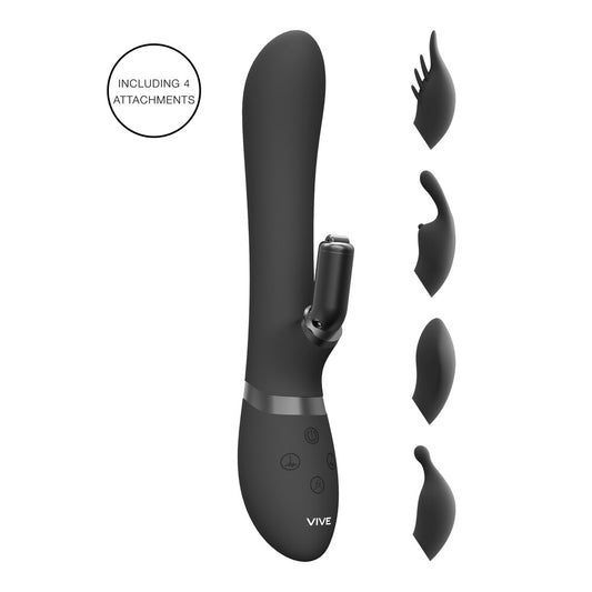 Black rabbit vibrator with interchangeable attachments for dual action pleasure, by Shots Toys.