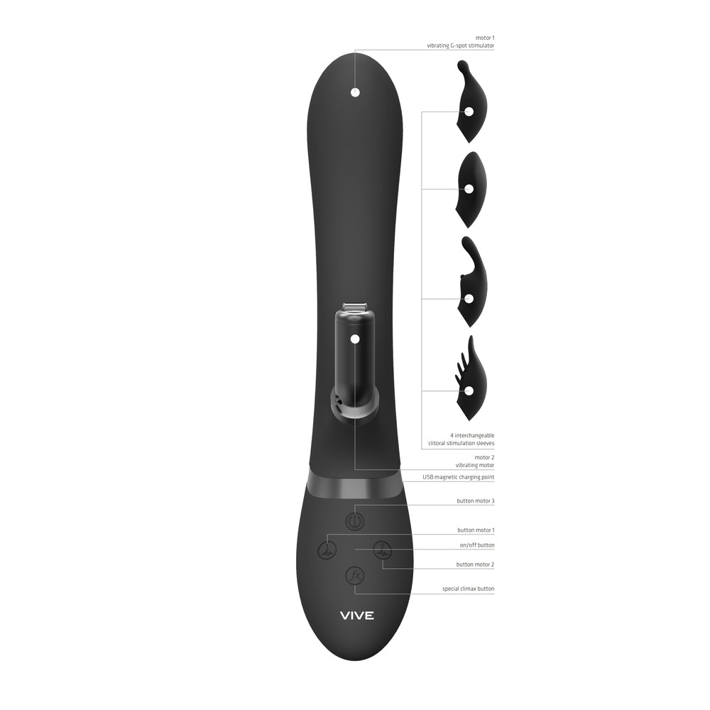 Black rabbit vibrator with dual action and interchangeable attachments, a pleasure toy.