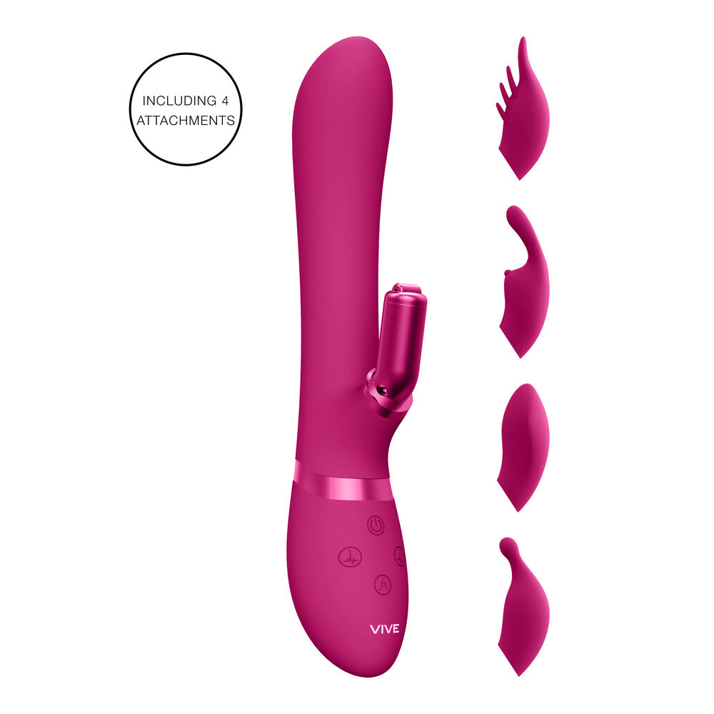 Pink rabbit vibrator with interchangeable attachments for dual stimulation, perfect for solo play.