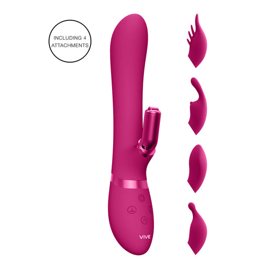 Pink rabbit vibrator with interchangeable attachments for dual stimulation, perfect for solo play.