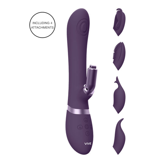 Purple rabbit vibrator with interchangeable head and clitoral stimulator, designed for pleasure.