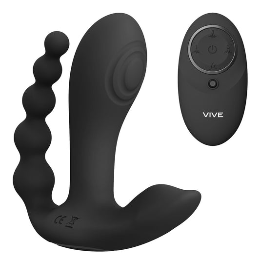 shots toys vive kata double penetrator vibrator in black, a textured pleasure product