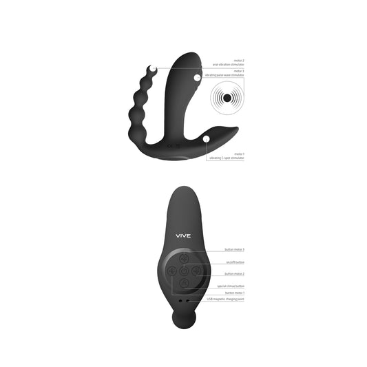 Black double penetrator vibrator by shots toys, a textured pleasure for thrilling sensations.