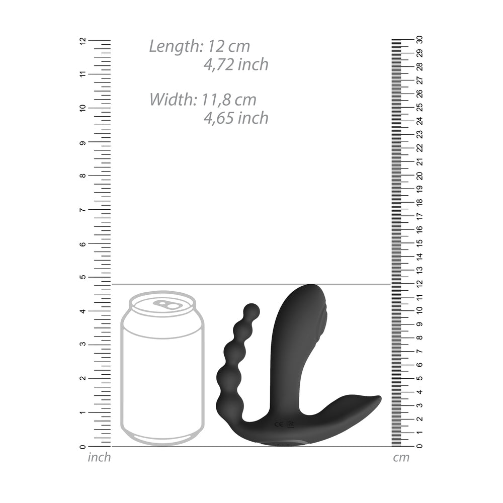 Black, flexible dual penetrator vibrator from Shots Toys for simultaneous pleasure, ribbed texture