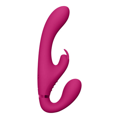 Pink strapless strap on vibrator from Shots Toys with triple action stimulation, clit stimulators
