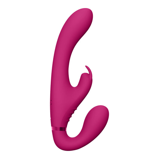 Pink strapless strap on vibrator from Shots Toys with triple action stimulation, clit stimulators