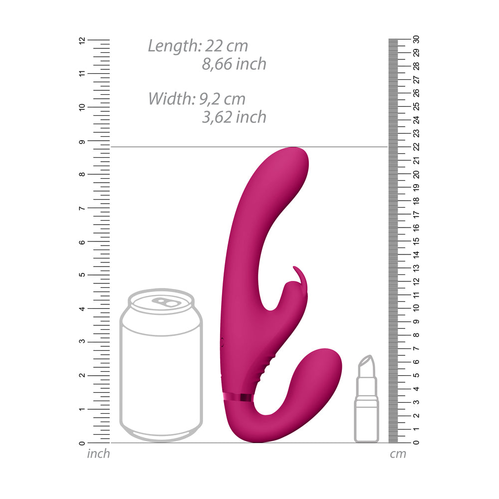 Pink, triple-action, strapless vibrator with clitoral stimulator for exciting, hands-free pleasure.