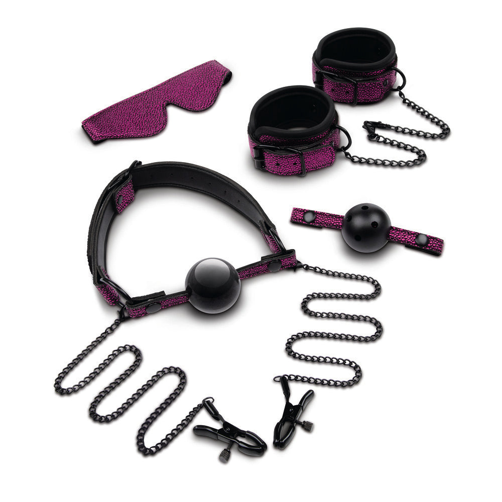 Whipsmart five piece dragonskin bondage set, comprising restraints and a paddle, for kinky fun.