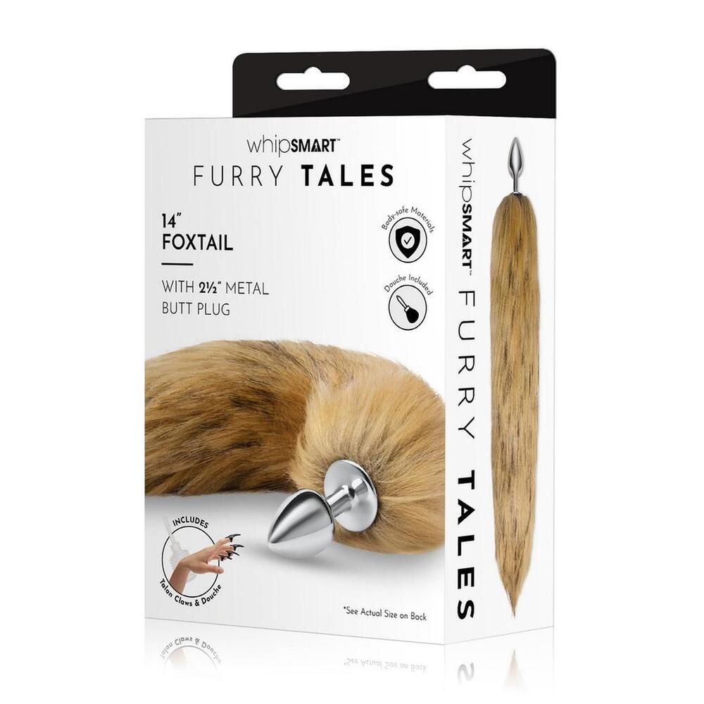Whipsmart furry tales foxtail butt plug, orange and white, attached to a metal plug.