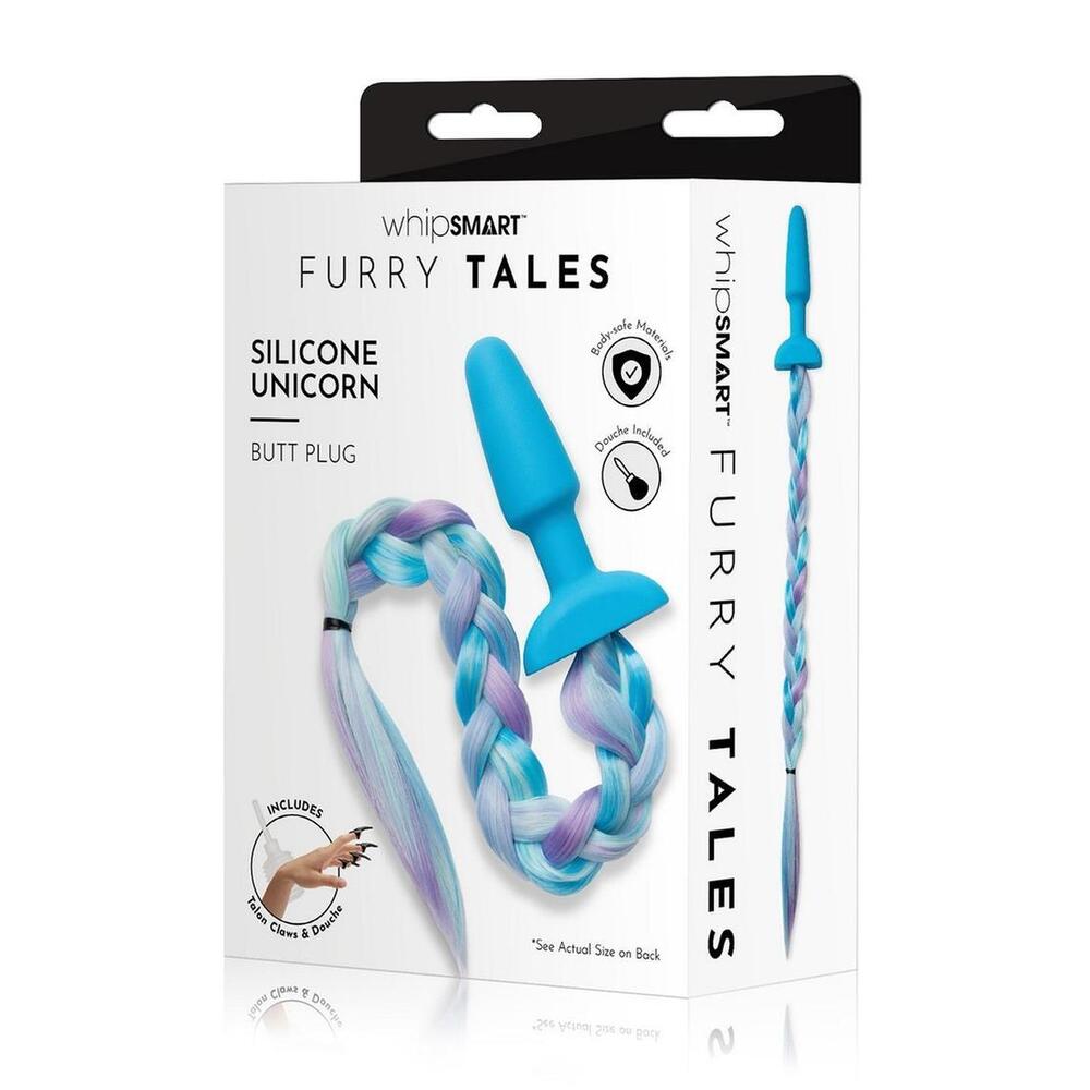 Whipsmart furry tales butt plug: a soft, shiny purple silicone unicorn tail.
