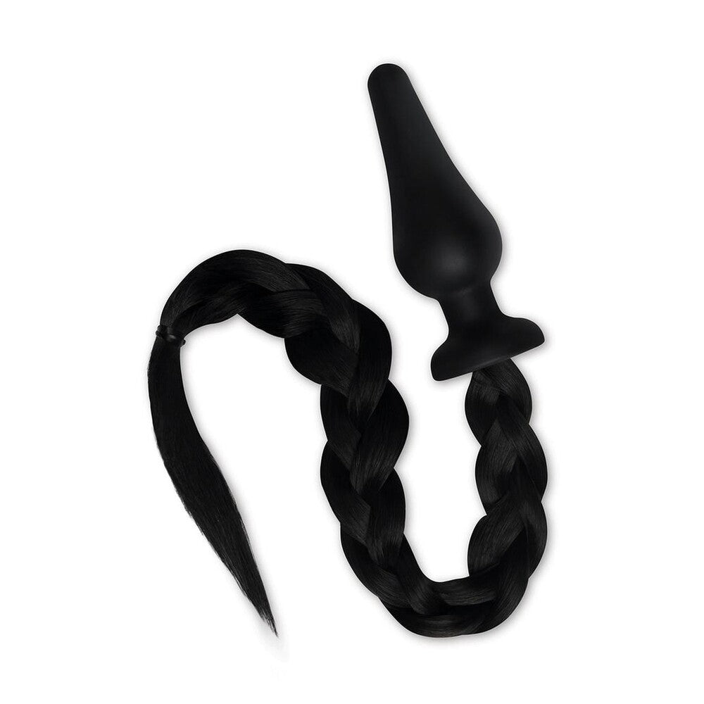 A furry black pony tail butt plug from Whipsmart, for adult play and pleasure.