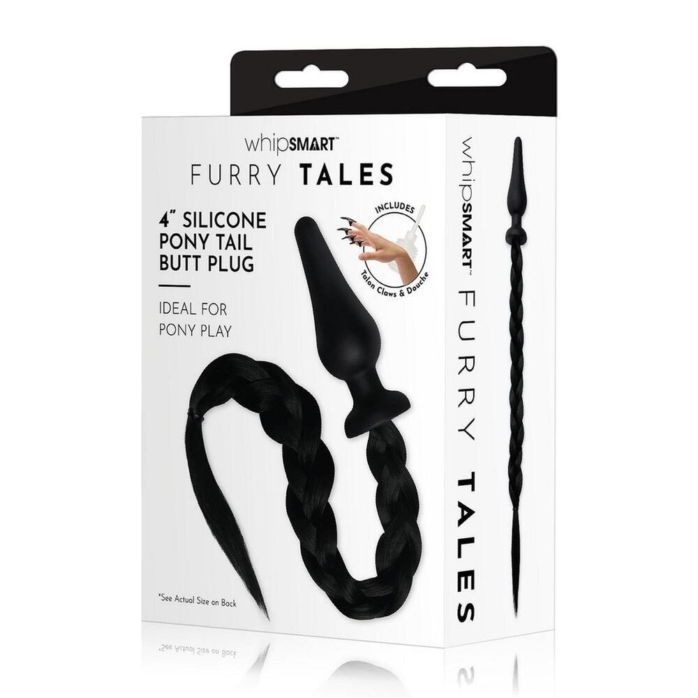 Whipsmart black pony tail butt plug, dark and furry for intimate play, up close.