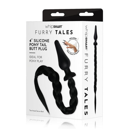 Whipsmart black pony tail butt plug, dark and furry for intimate play, up close.