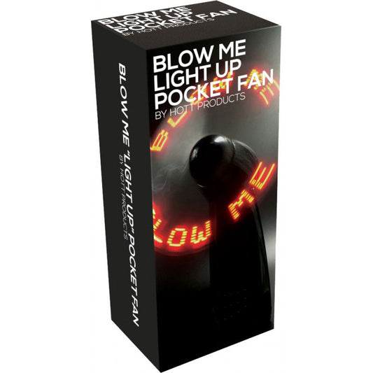 Black 'blow me' light up pocket fan from hott products, a novelty item.