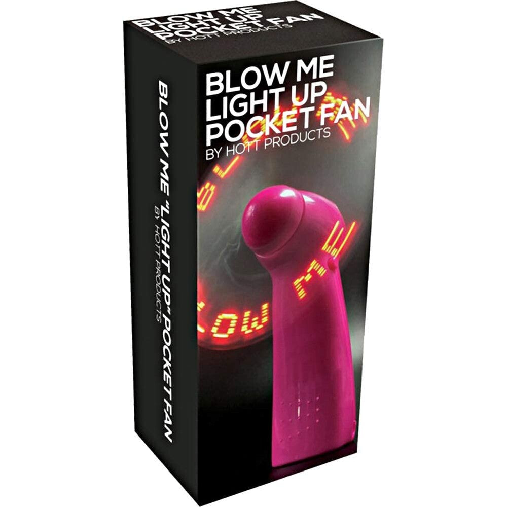 Pink 'blow me' novelty pocket fan with lights on, a fun and quirky accessory.