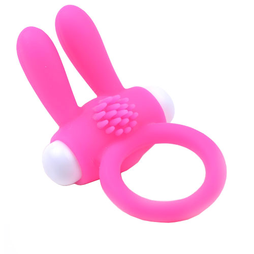 Pink cockring with playful rabbit ear design, a vibrating love ring from various toy brands.