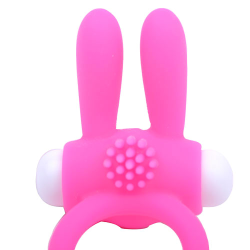 Pink cock ring with playful rabbit ear design, a fun love ring vibrator.