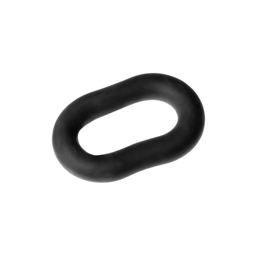 Close-up of a black, ultra-stretchable wrap ring, six inches, for love play