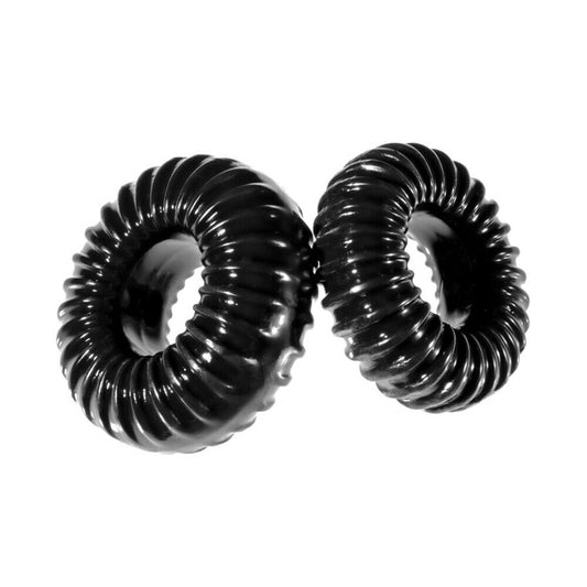 Two slim, ribbed cock rings in black, designed for enhancing intimacy and pleasure.