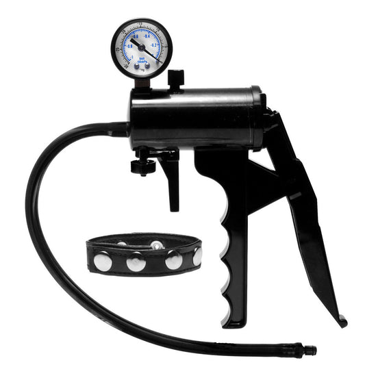 size matters premium gauge pump in black for penis enlargement, shows clear measurement.