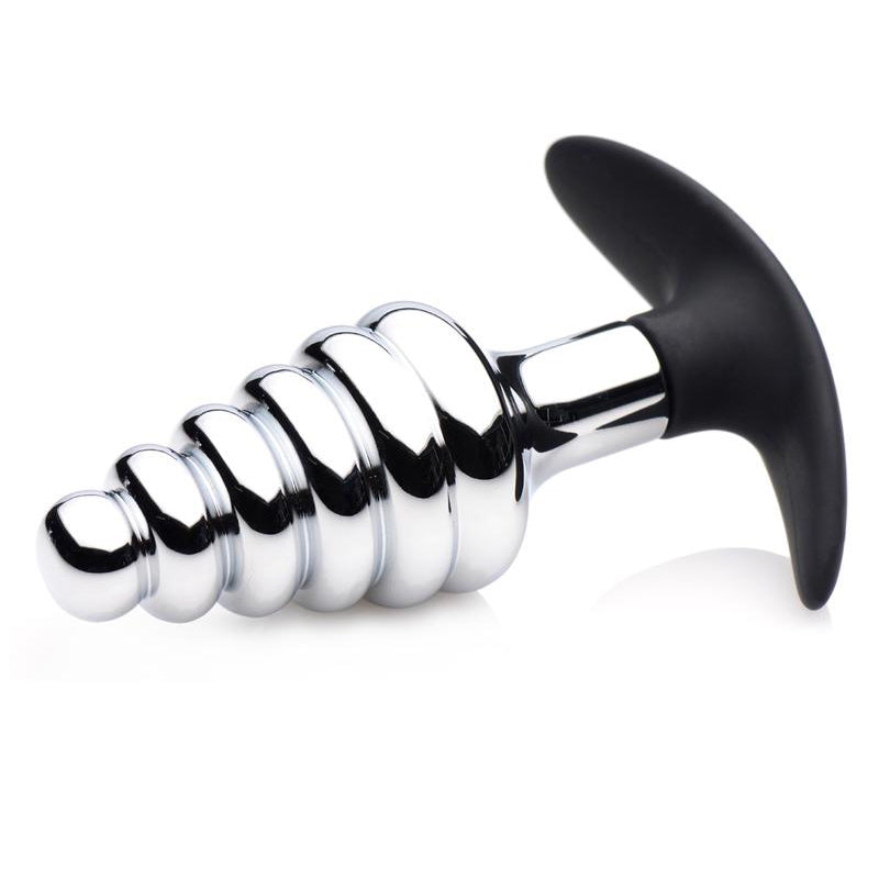 Dark metal and silicone ribbed butt plug from XR Brands' Master Series.
