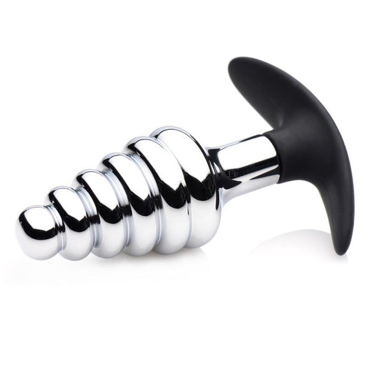 Dark metal and silicone ribbed butt plug from XR Brands' Master Series.