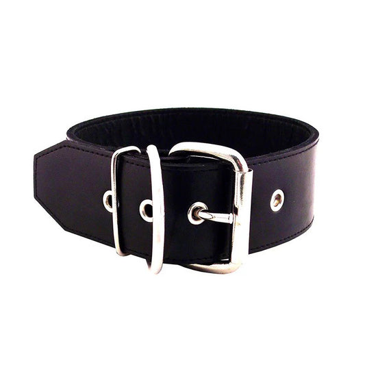 Rouge Garments plain black leather collar, 50mm wide, for kinky outfits