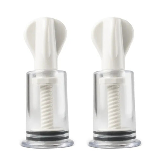 Clear plastic nipple suckers with adjustable pump, a fun female pump toy from various brands.