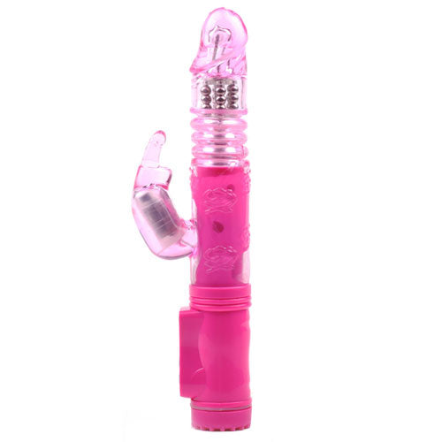 Pink rabbit vibrator with thrusting motion, a bunny-shaped adult toy for pleasure.