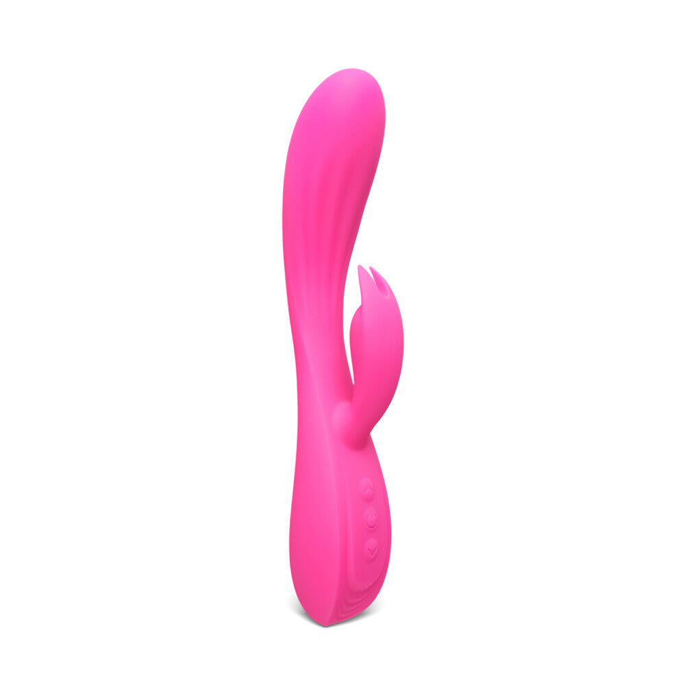 A pastel pink silicone bunny vibrator, showcasing its smooth finish and ergonomic design.