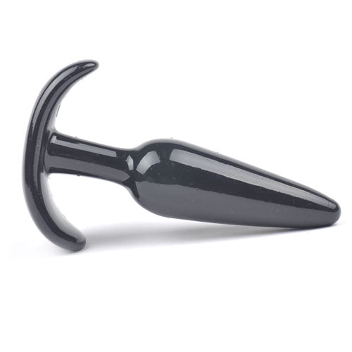 A small, tapered black anal plug from various toy brands, shiny and smooth.
