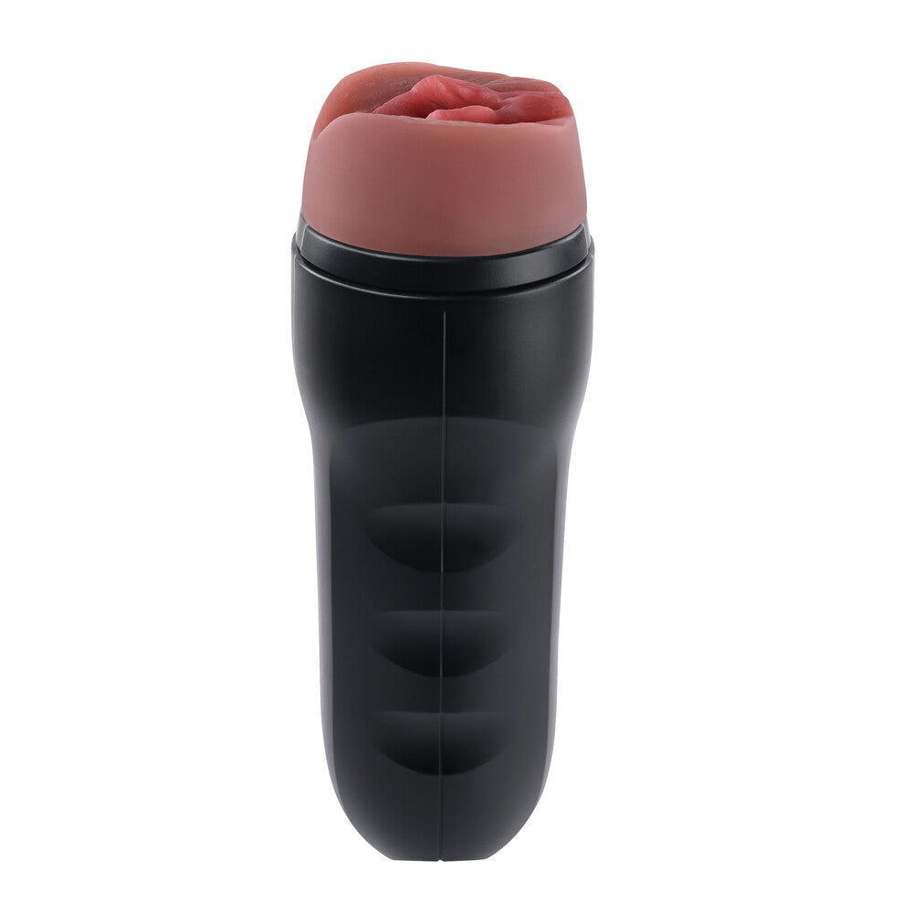 Zero Tolerance Grip It Dark Stroker: dark grey textured masturbator with ribbed design, ready for use.