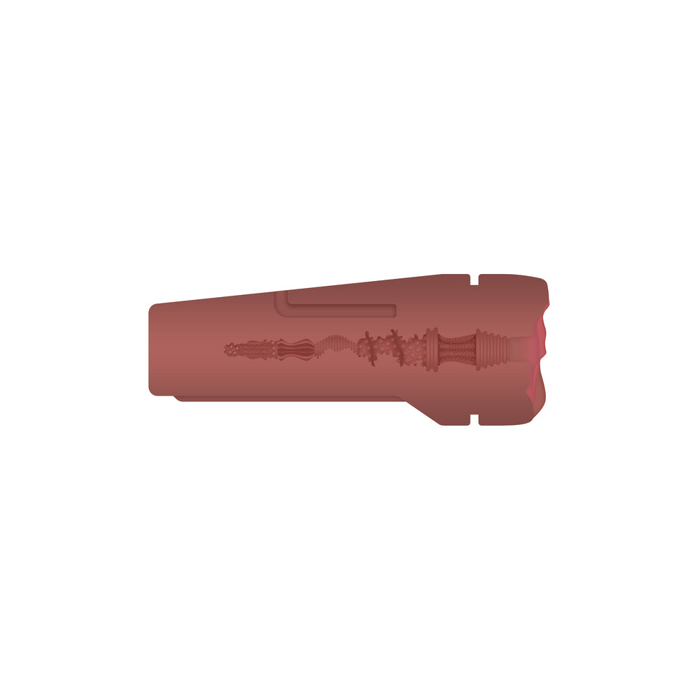 dark, textured zero tolerance stroker, designed for a firm, pleasurable grip during use.