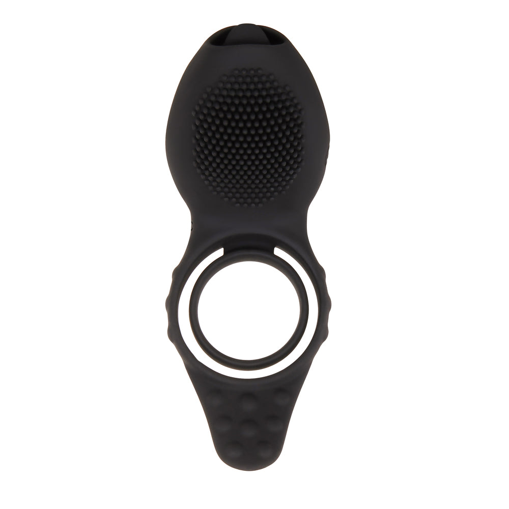Close-up of a textured, vibrating cock ring in sleek black, a pleasure-enhancing love ring.