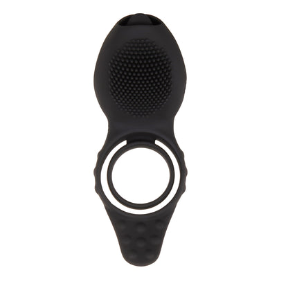Close-up of a textured, vibrating cock ring in sleek black, a pleasure-enhancing love ring.