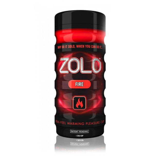 Zolo fire masturbator cup, textured red and black pleasure toy for solo fun.