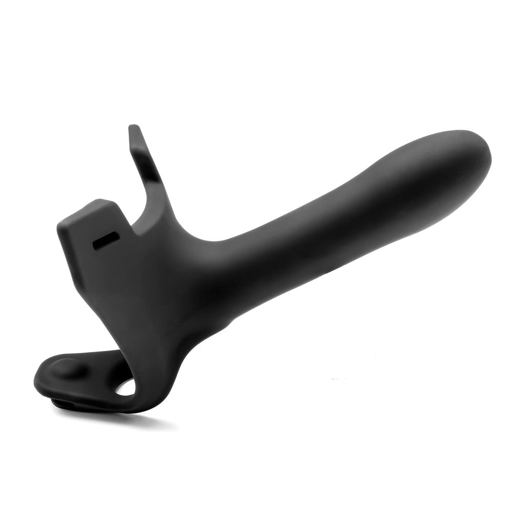 Close-up of a sleek, black, PerfectFit Zoro strap-on dildo, five and a half inches.
