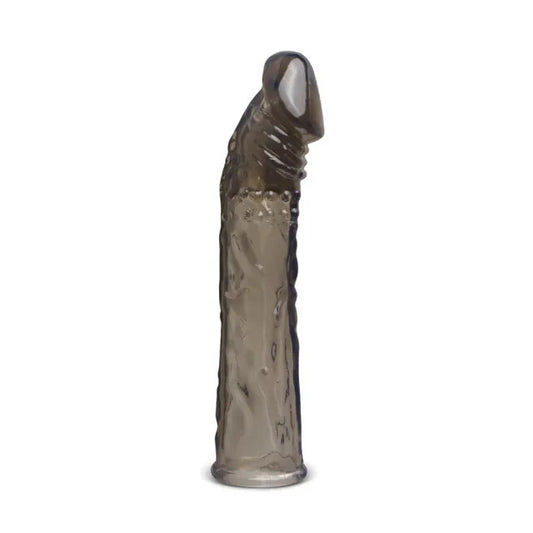 Jelly penis sleeve in flesh tone promises to add three extra inches, close up.